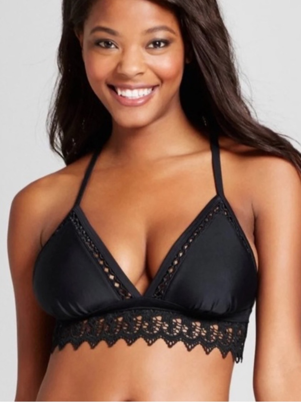 NORDSTROM Black Lacey Halter Tie/Hook Bikini Top EUC sz L